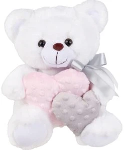 Λούτρινο Αρκουδάκι Λευκό 25 εκ Με Καρδιές Minnie Ροζ/Γκρι (VL222527)