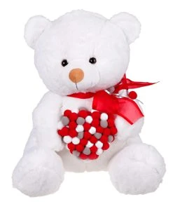 Λούτρινο Αρκουδάκι 40εκ Λευκό Με Καρδιά Απο Πονπον (VL214005)