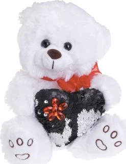 Λούτρινο αρκουδάκι Λευκό Με Μαύρη Καρδιά Από Παγέτες (VL202012)