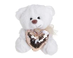 Λούτρινο Αρκουδάκι Μινι 18εκ Λευκό Με Χρυσή Καρδιά Παγέτα (VL201803)